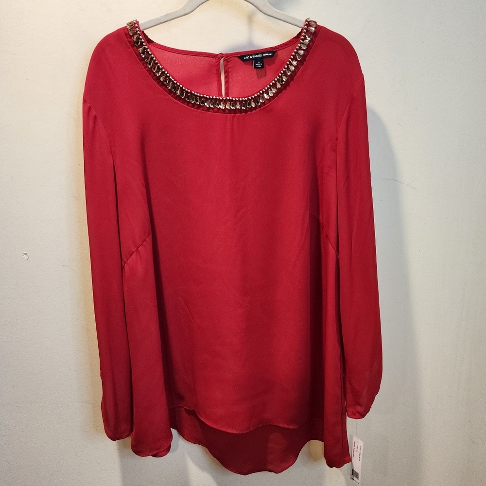 ZAC & RACHEL.Red Long-Sleeve Beaded-Neck Blouse Plis Size  1x NWT
